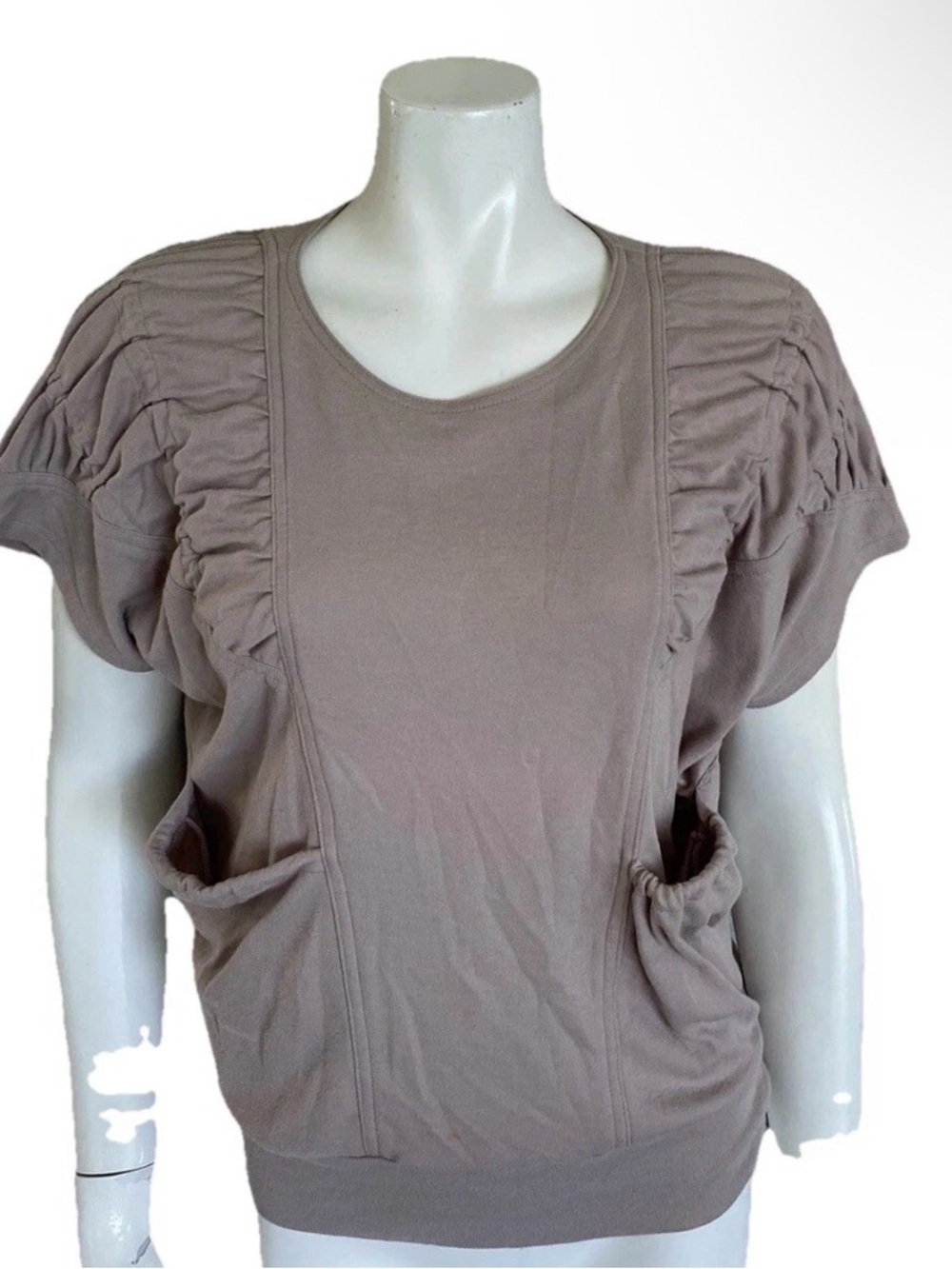 Bonnie and Bill Shirt Top Pocketed Taupe Tan Beige Ruched Medium